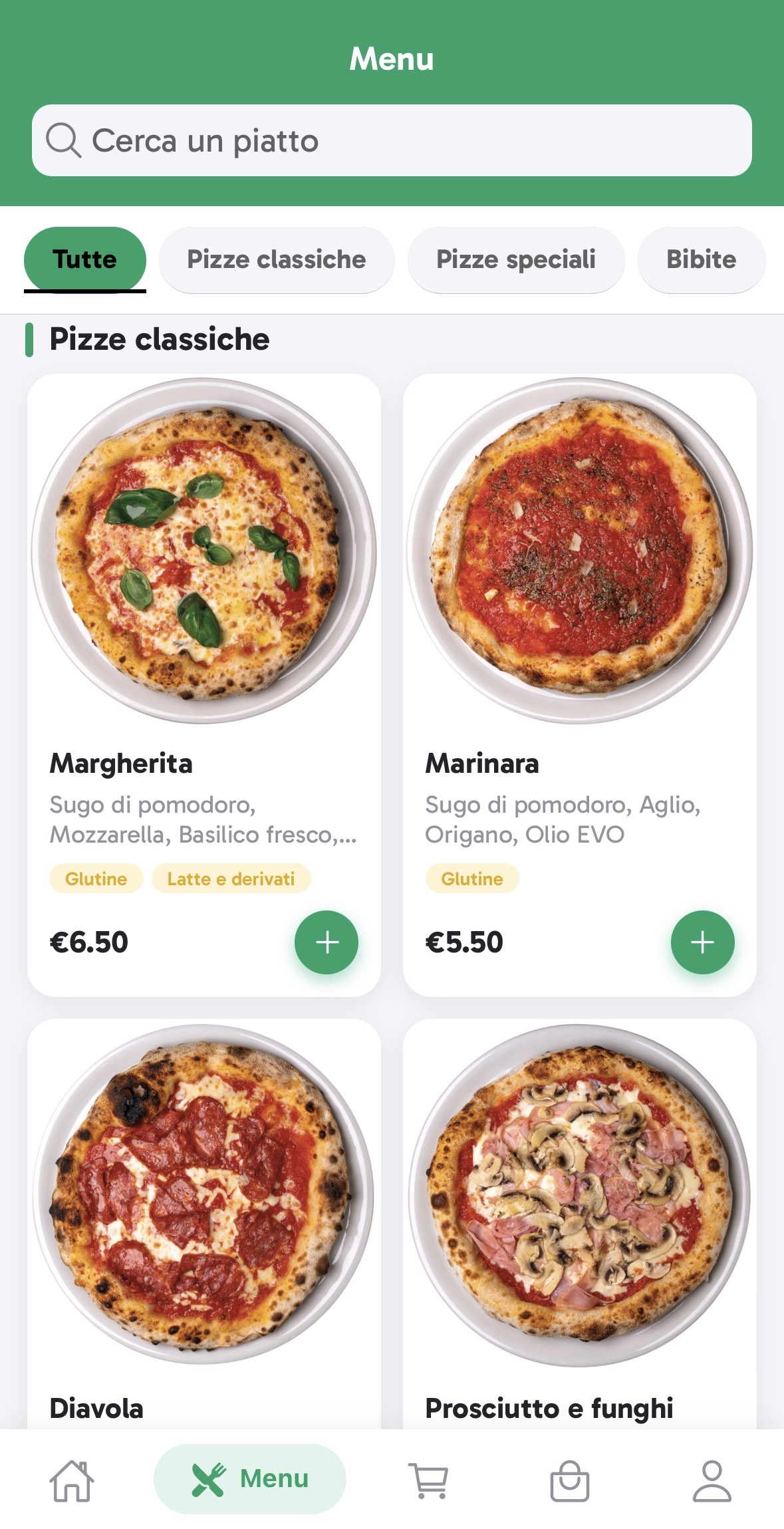 Schermata menu dell'app ordinaGO per il cliente