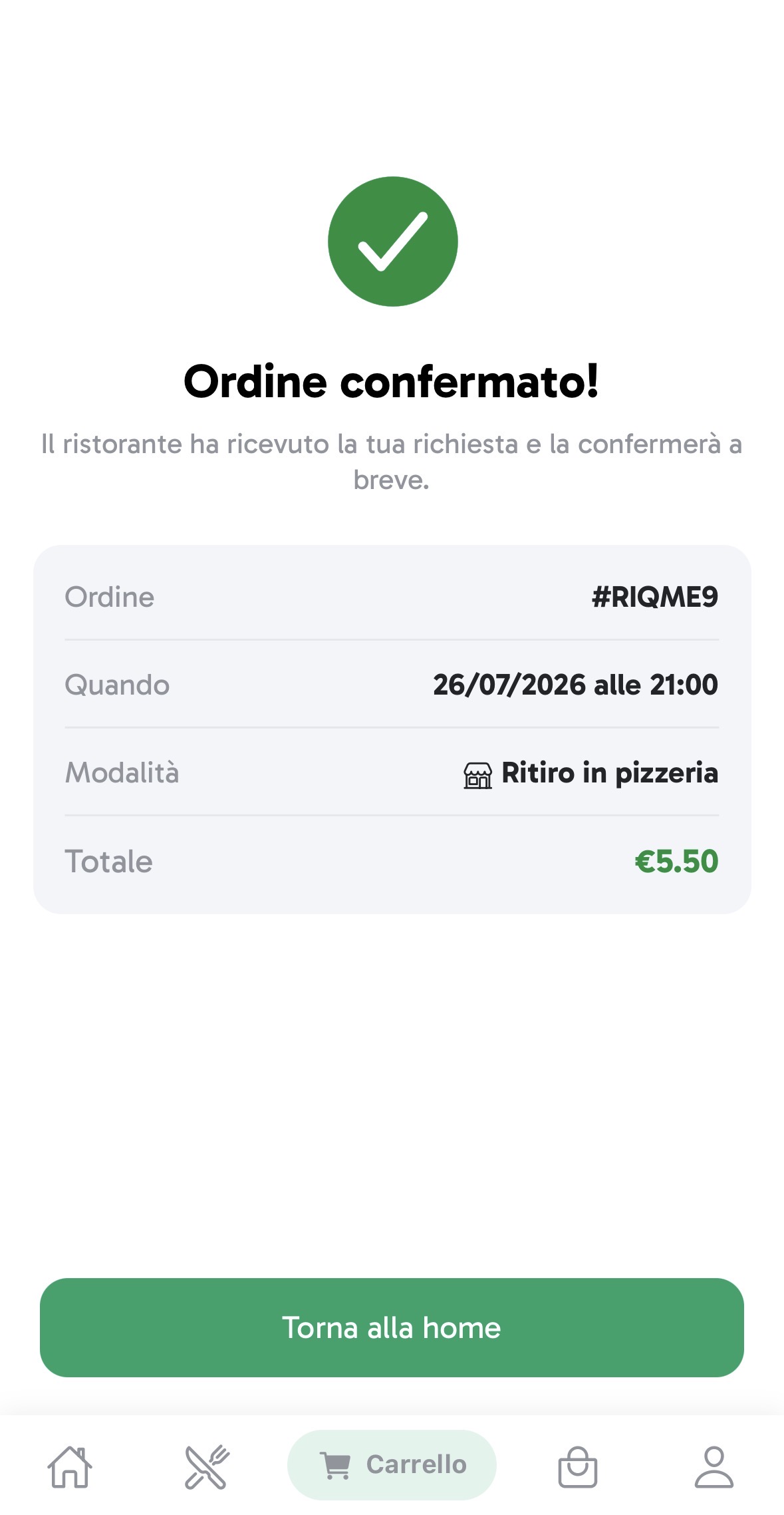 Notifica ordine pronto nell'app ordinaGO